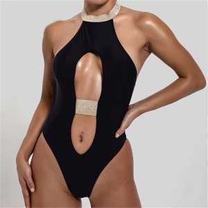 Costum de baie intreg negru cu inchidere la baza gatului, decolteu si elemente aurii, negru #ZZ1922