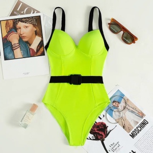 Costum de baie intreg sexy, cu cupe buretate si curea decorativa, verde neon /negru #ZZ1951 - Img 2