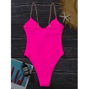 Costum de baie intreg sexy, cu decolteu, decupaj si bretele din lant auriu, roz neon #ZZ1940 - Img 3
