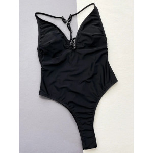Costum de baie intreg tanga cu spatele gol si bretele decorative, negru #ZZ1006 - Img 3