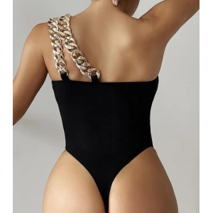 Costum de baie intreg tanga, ridat, pe un umar, cu lant auriu decorativ, negru #ZZ1953 - Img 2
