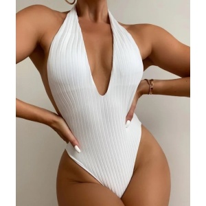 Costum de baie intreg texturat, cu decolteu adanc si spatele gol, alb #ZZ1944