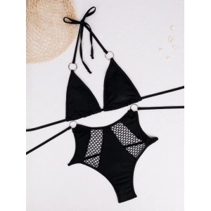 Costum de baie tanga cu decupaje și inserții de plasă, 2 piese, negru #ZZ1031 - Img 6