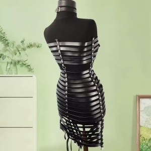 Rochie festival din piele ecologica cu bretele si catarame metalice, negru #ZZ4678 - Img 4