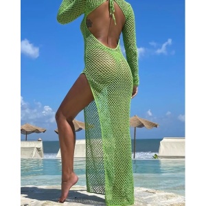 Rochie lunga de plaja crosetata cu spatele gol si crapatura pe picior, verde #ZZ1067 - Img 4