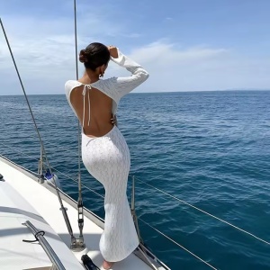 Rochie lungă sexy de plajă, tricotată, cu mâneci și spatele gol, alb #ZZ1083 - Img 5