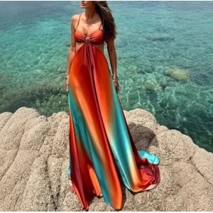 Rochie lungă sexy de plajă, vaporoasă, cu decupaje laterale, multicolor #ZZ1103