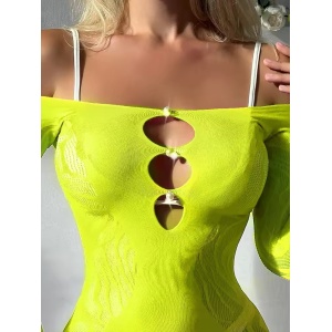 Rochie scurta sexy, elastica, cu maneca lunga si perle decorative, verde neon #ZZ4604 - Img 5