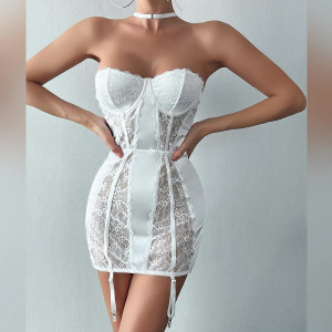 Rochie sexy satinata, cu insertii de dantela, accesorii prindere portjartier si ciorapi, alb #ZZ4028 - Img 9