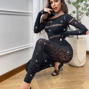 Salopeta sexy elastica semitransparenta cu decupaje si cristale, negru #ZZ4555