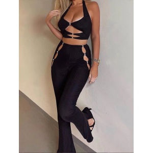 Set 2 piese cu bustiera si pantaloni, material reiat, cristale decorative, negru #ZZ2710 - Img 4
