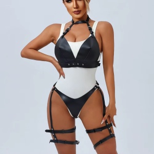 Set accesorii sexy tip ham din piele ecologica, pentru bust si picioare, negru, 2 piese #ZZ4196