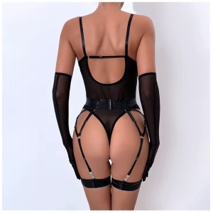 Set lenjerie intima sexy cu body si manusi lungi , negru, 4 piese #ZZ4274 - Img 5