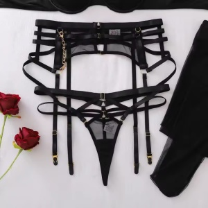 Set lenjerie intima sexy cu bretele decorative si ciorapi inalti, 4 piese, negru, #ZZ4070 - Img 12