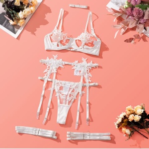 Set lenjerie intima sexy cu broderie florala si decupaje, alb, 5 piese #ZZ4253 - Img 12