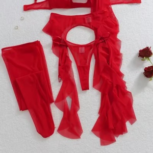 Set lenjerie intima sexy cu ciorapi inalti, roșu, 4 piese #ZZ4160 - Img 11