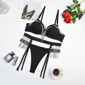 Set lenjerie intima sexy cu franjuri metalice, negru, 3 piese #ZZ4954 - Img 7