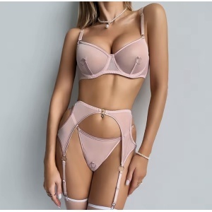 Set lenjerie intima sexy cu inele metalice decorative, roz, 4 piese#ZZ4222 - Img 3