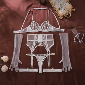 Set lenjerie intima sexy cu insertii de tul, alb, 5 piese#ZZ4378 - Img 5