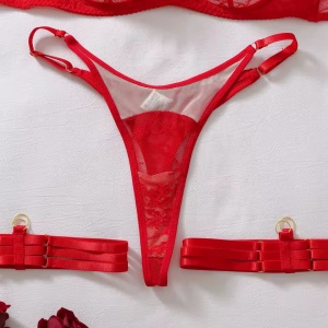 Set lenjerie intima sexy cu insertii de tul nude si manusi lungi, rosu, 4 piese #ZZ4591 - Img 10