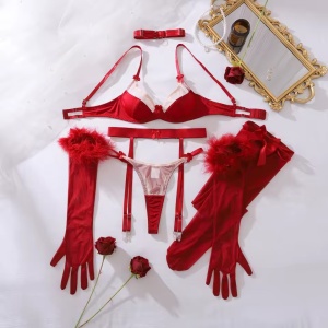 Set lenjerie intima sexy cu insertii de tul, visiniu, 6 piese#ZZ4389 - Img 7