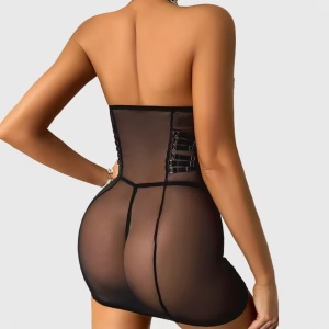 Set lenjerie intima sexy cu insertii satinate si catarame decorative, 2 piese, negru, #ZZ4106 - Img 5