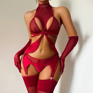 Set lenjerie intima sexy cu portjartier, ciorapi si manusi, 5 piese, visiniu, #ZZ4380 - Img 6