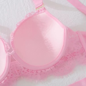 Set lenjerie intima sexy din dantel, sutien cu cupe buretate, roz, 4 piese #ZZ4648 - Img 7