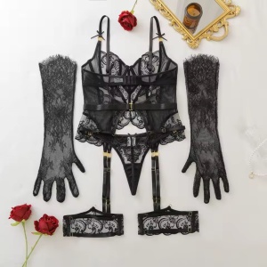 Set lenjerie intima sexy din dantela brodata cu corset si manusi, 4 piese, negru #ZZ4122 - Img 8
