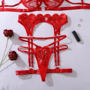 Set lenjerie intima sexy din dantela brodata cu inimioare, rosu, 4 piese #ZZ4381 - Img 10