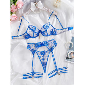 Set lenjerie intima sexy din dantela brodata cu lacate aurii decorative, albastru, 4 piese #ZZ4041 - Img 10