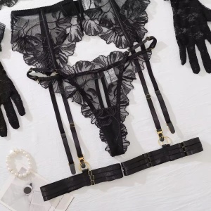 Set lenjerie intima sexy din dantela brodata cu manusi , negru, 5 piese #ZZ4631 - Img 7