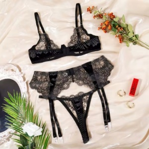 Set lenjerie intima sexy din dantela brodata cu portjartir, negru, 3 piese #ZZ4288 - Img 9