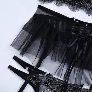 Set lenjerie intima sexy din dantela brodata si tul, negru, 4 piese#ZZ4953 - Img 8