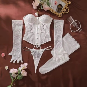 Set lenjerie intima sexy din dantela cu corset, ciorapi si manusi, 4 piese, alb, #ZZ4248 - Img 3