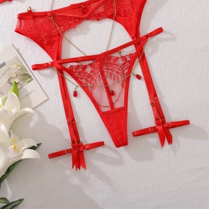 Set lenjerie intima sexy din dantela cu lantisoare decorative, rosu, 4 piese #ZZ4626 - Img 10