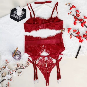 Set lenjerie intima sexy din dantela cu perle decorative, visiniu, 3 piese #ZZ4656 - Img 10
