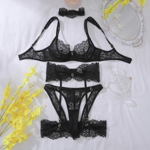 Set lenjerie intima sexy din dantela cu portjartier si choker, negru, 5 piese #ZZ4670 - Img 7