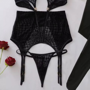 Set lenjerie intima sexy din dantela fina brodata, ciorapi, 3 piese, negru #ZZ4241 - Img 7