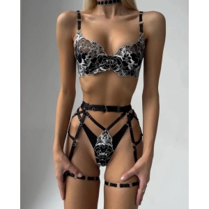 Set lenjerie intima sexy din dantela neagra brodata, negru/alb, 5 piese #ZZ4949