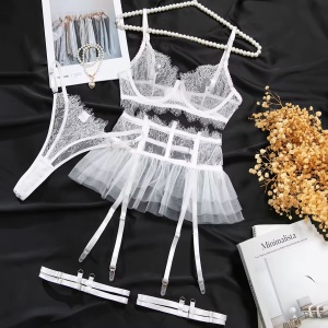 Set lenjerie intima sexy din dantela si tulle, alb, 4 piese #ZZ4013 - Img 3