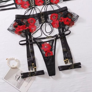 Set lenjerie intima sexy din dantelacu broderie florala, negru/ rosu, 5 piese #ZZ4383 - Img 12