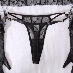 Set lenjerie intima sexy din dantelată brodată cu mănuși, negru, 3 piese #ZZ4263 - Img 10