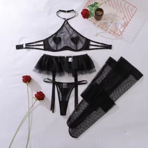 Set lenjerie intima sexy din dantelată brodată și tul, cu ciorapi înalți, negru, 4 piese #ZZ4001 - Img 8