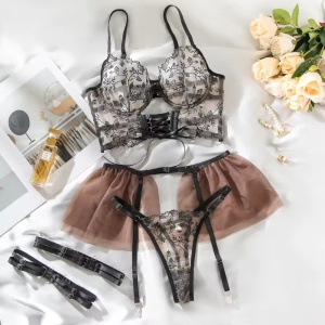 Set lenjerie intima sexy din dantelată brodată și tul, nude/ negru, 4 piese #ZZ4498 - Img 8