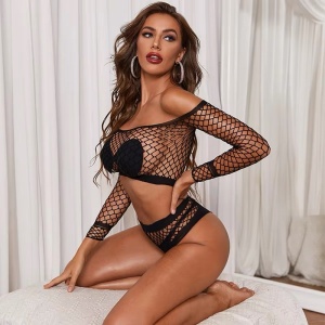 Set lenjerie intima sexy elastica din plasa cu bluza si chilot, negru #ZZ4499 - Img 5