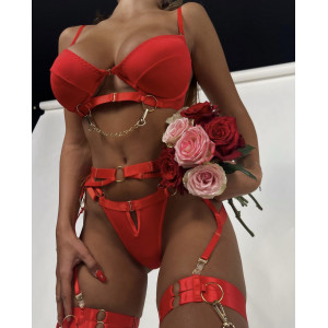 Set lenjerie intima sexy satinata cu catarame si lantisoare aurii, rosu, 4 piese #ZZ4083