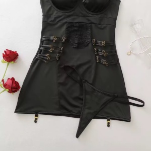 Set lenjerie intima sexy satinata, insertii de dantela si catarame decorative, 2 piese, negru, #ZZ4242 - Img 11