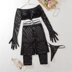 Set lenjerie intima sexy semitransparenta cu imprimeu, negru, 3 piese #ZZ4625 - Img 10