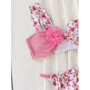🔥Oferta zilei🔥Costum de baie 2 piese pe un umar, imprimeu floral si trandafir decorativ, roz/alb #ZZ2003 - Img 5